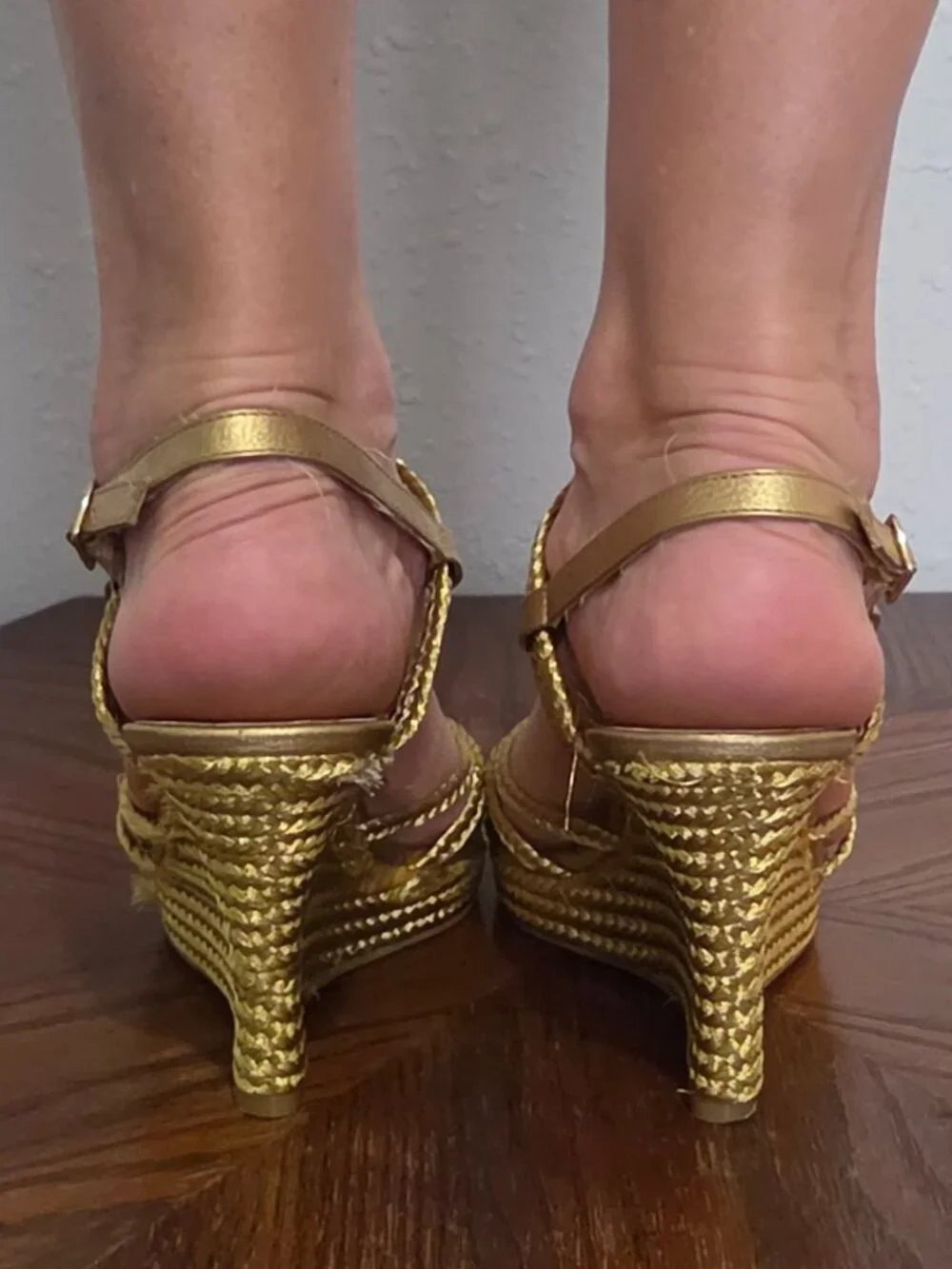 Michael Kors Gold Braided Wedge Sandals Size 6.5M Strappy Metallic Heels